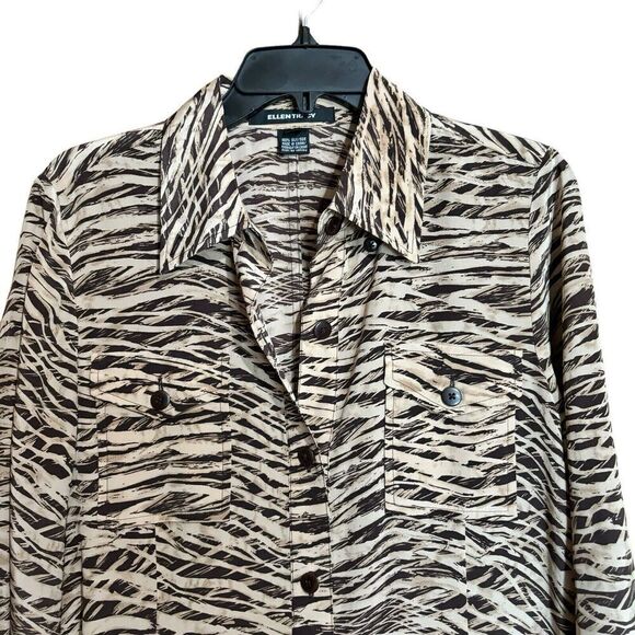 Ellen Tracy Shirt Dress 8 Multicolor Safari Silk Button Midi Roll Tab Sleeves - Picture 3 of 9